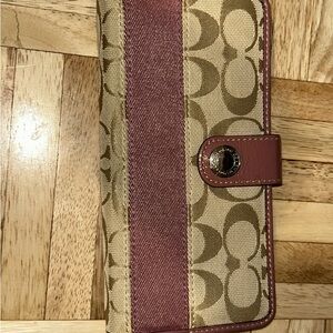 Coach Tan Signature Canvas Wallet with Mauve Stripe and Trim